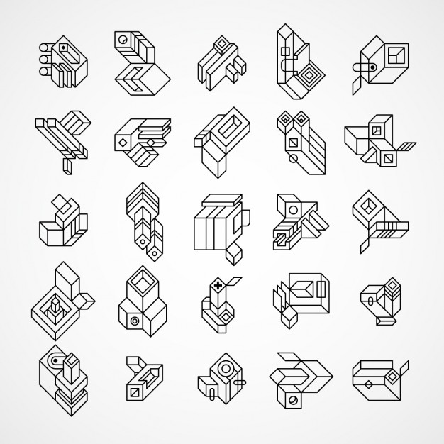 Abstract and geometric 3d logos set made with lines Vector.