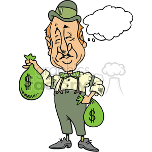 Irish man holding two green money bags clipart. Royalty.