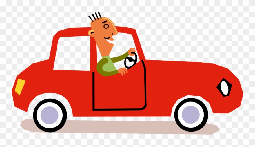 Vector Illustration Of Man Drives Automobile Car Motor.