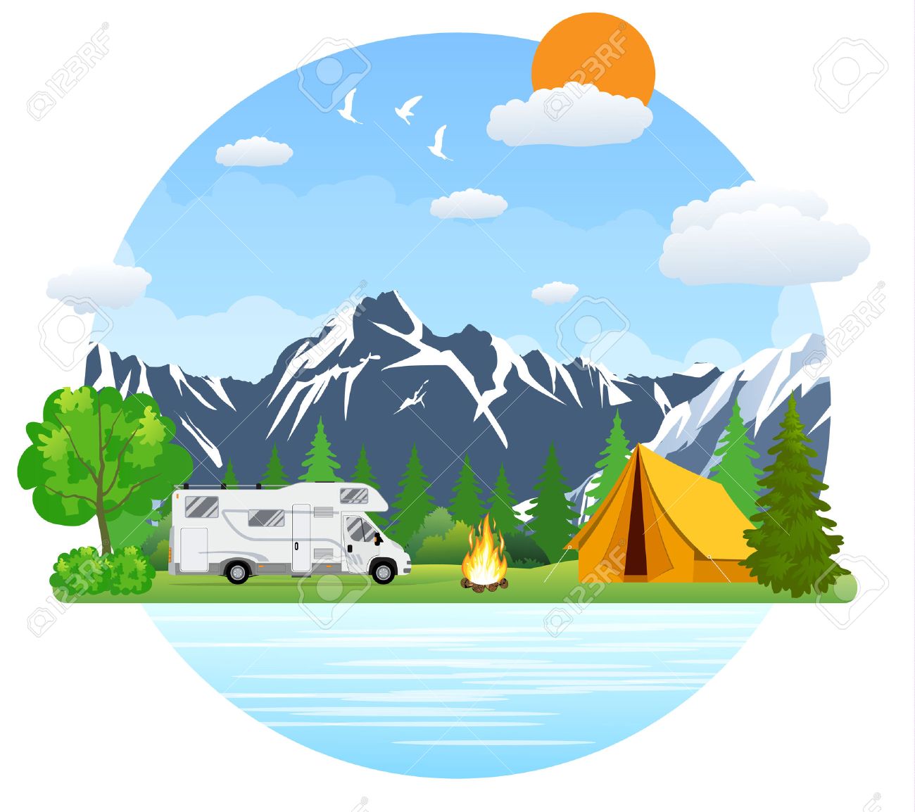 Campsite place in mountain lake. Forest camping landscape with...