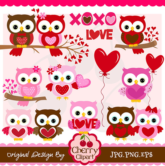 Valentine's Day Sweet Owls digital clipart set.