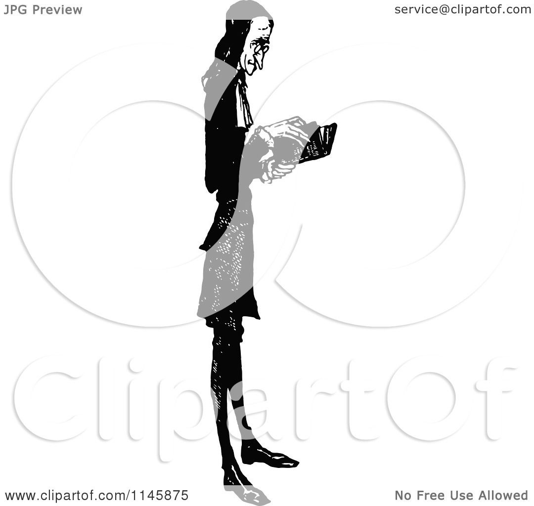 Clipart of a Retro Vintage Black and White Skinny Parson Reading.