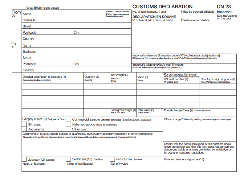 Customs Declaration form (CN23).