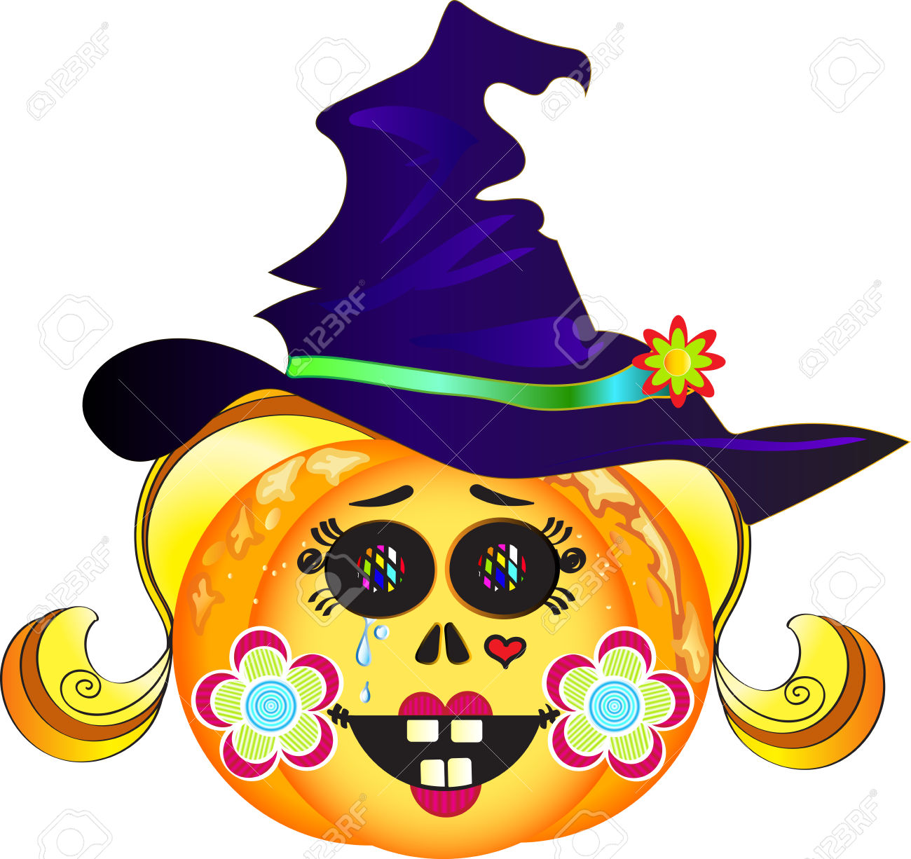 Illustration Of Smiling Halloween Pumpkin With Hat, Colorful.