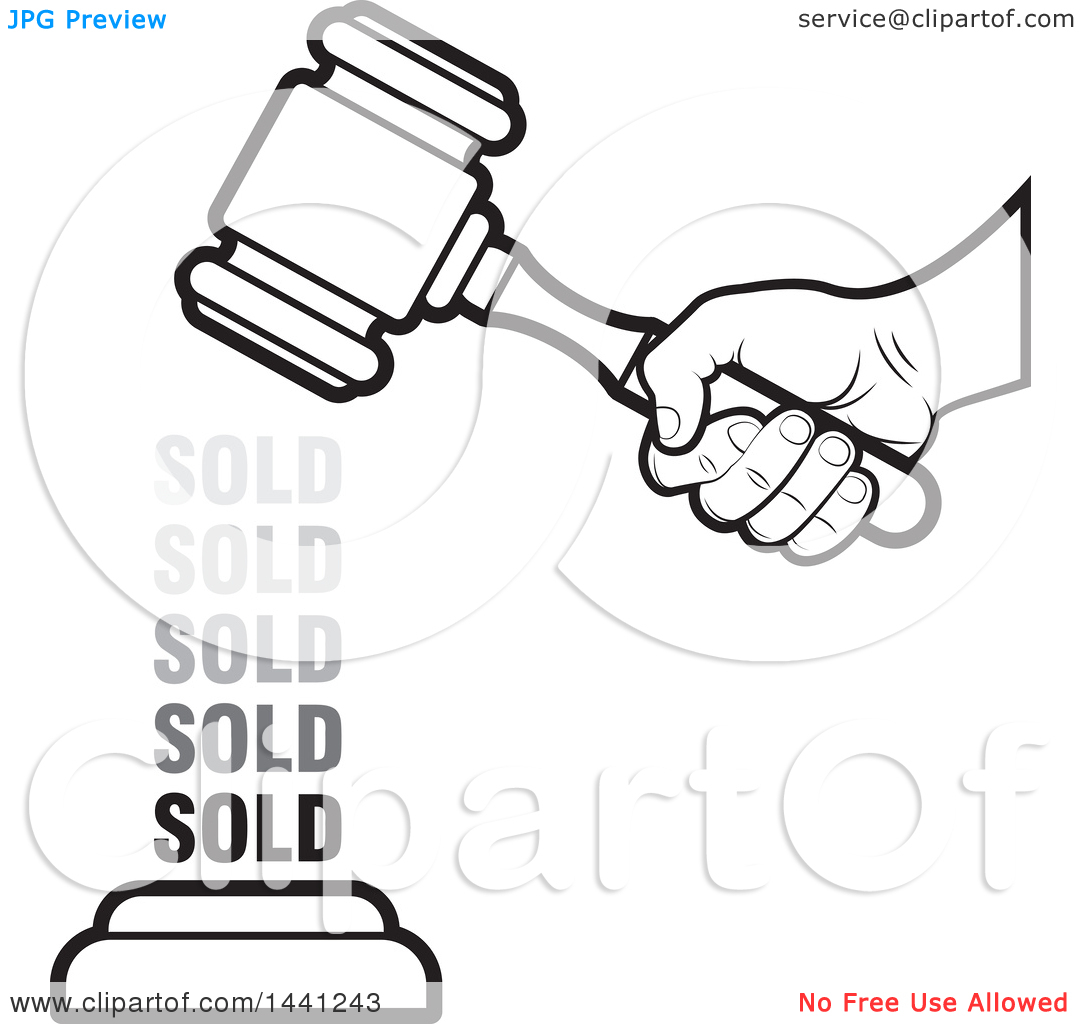 Clipart of a Black and White Hand Banging an Auction Gavel with.