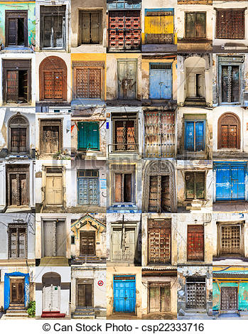 Stock Photography of 42 Front doors horizontal collage of Stone.