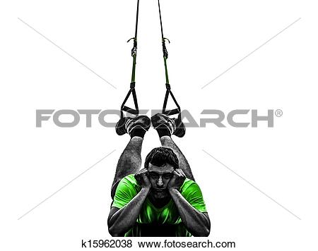 Pictures of man exercising suspension training trx tired pouting.