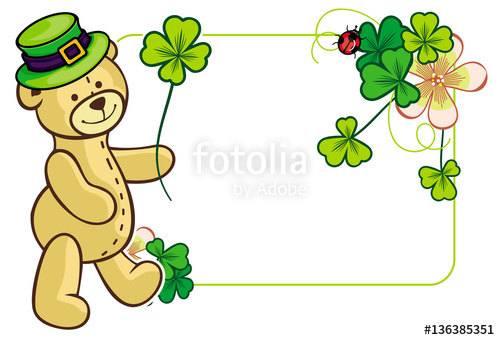 Clover frame and cute teddy bear in green hat. Vector clip.