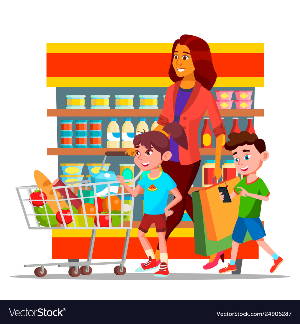 Mother with children shopping in hypermarket.