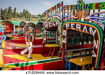 Stock Photo of Trajineras on Canal, Xochimilco, Mexico City.