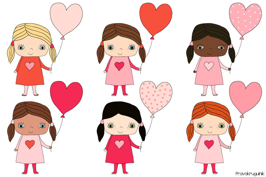 Cute girls clipart, Kawaii girl clip art set, Valentine.