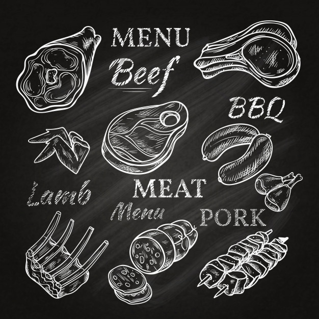 Retro meat menu drawings on chalkboard with lamb chops.