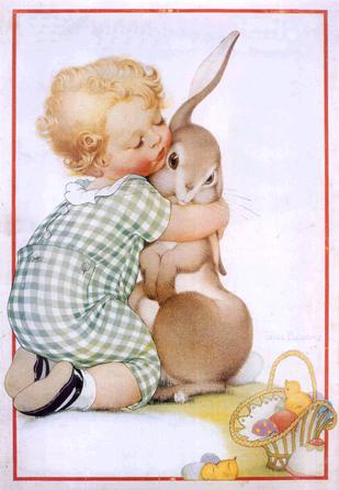 Vintage Easter Graphic: Baby Hugging Bunny. Will love showing this.