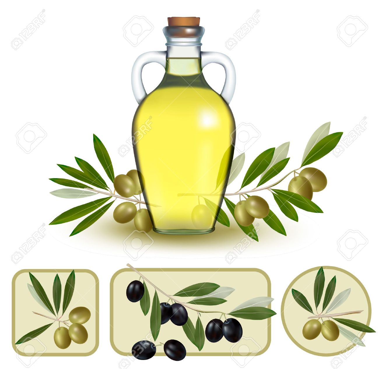 Bottle Of Oil With Green Olives And Olive Oil Labels. Royalty Free.