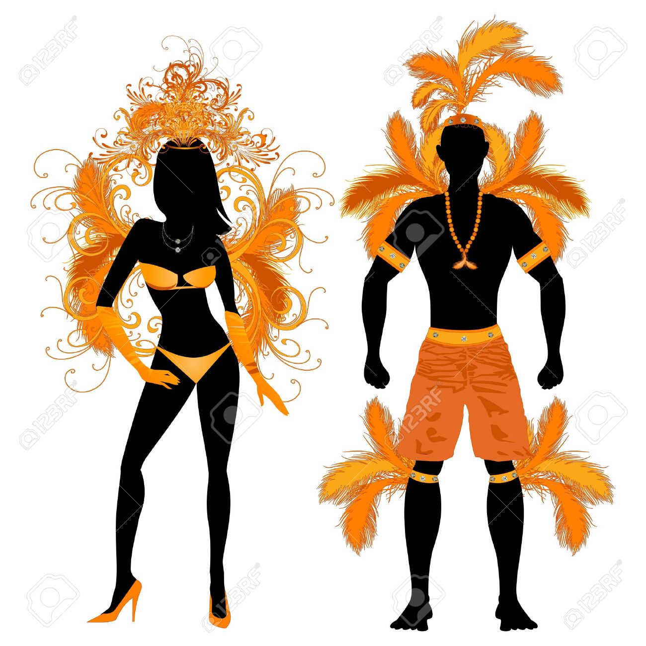 Vector Illustration Orange Couple For Carnival Costume Silhouettes.