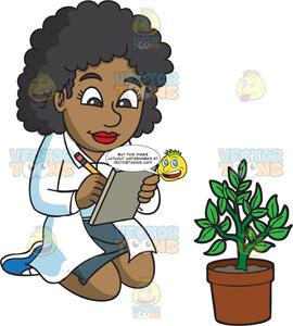 A Female Botanist Taking Notes About A Plant She Is Studying.