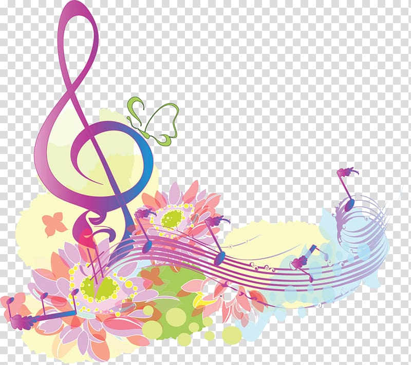 Musical note Clef, Flowers and music symbol , notes colored.