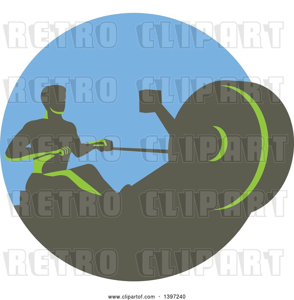 Vector Clip Art of Retro Green Guy Working out on a Rowing.