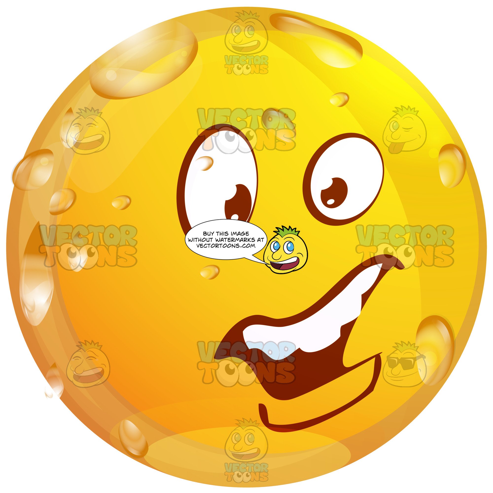 Concerend Wet Yellow Smiley Face Emoticon With Unibrow, Open Mouth,  Straight Teeth, Lower Lip.