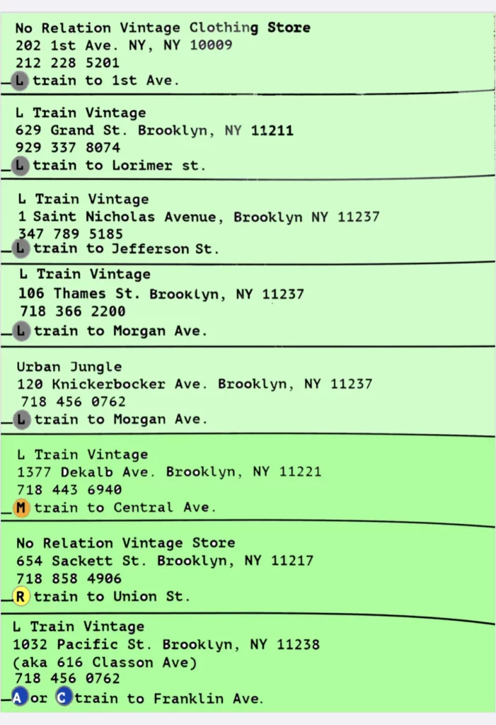 L Train Vintage Locations and Train stops chart