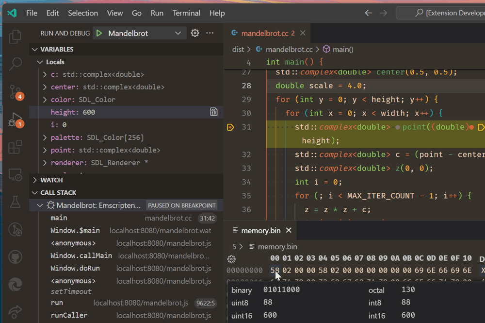 Debugger stopped on a breakpoint in C++ source code