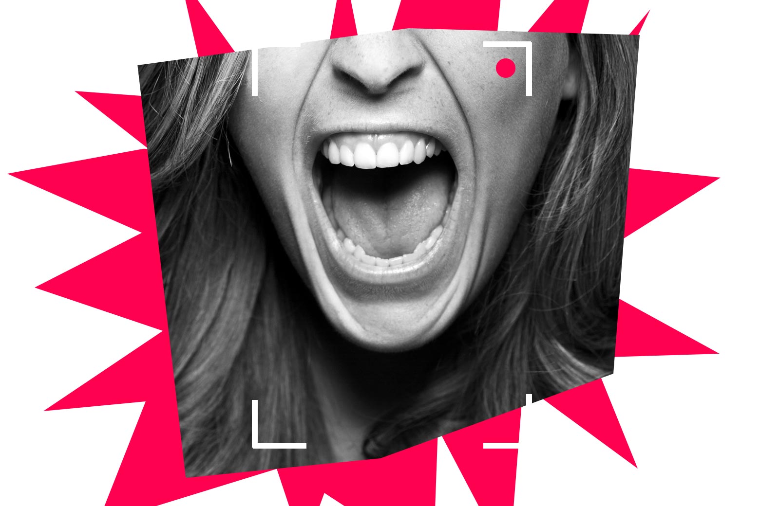 Close-up on the mouth of a woman screaming, with a red recording icon in the top right corner.