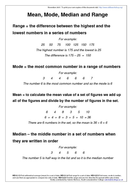 Mean, Mode, Median, and Range Worksheet for 6th - 7th Grade | Lesson Planet