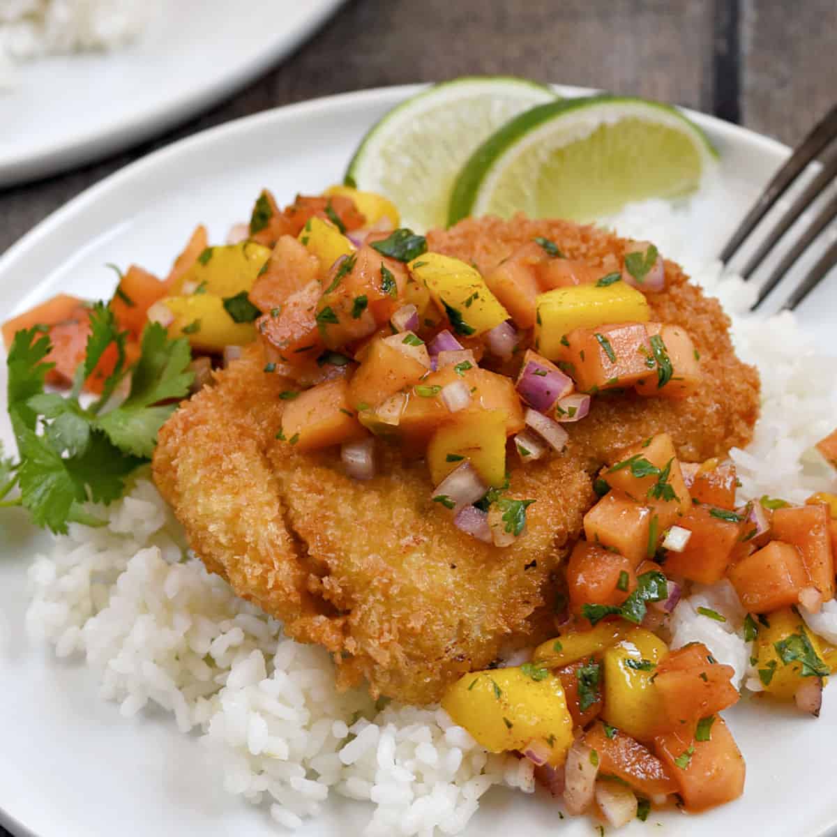 Panko Crusted Mahi Mahi with Papaya Mango salsa on a bed of white rice.