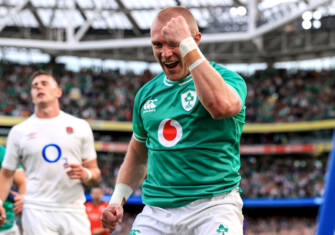 Keith Earls celebrates after scoring a try whilst making his 100th Cap 19/8/2023