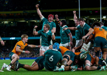 Ireland players celebrate after Gus McCarthy scores a try 30/11/2024