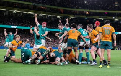 Ireland players celebrate as Gus McCarthy scores a try 30/11/2024