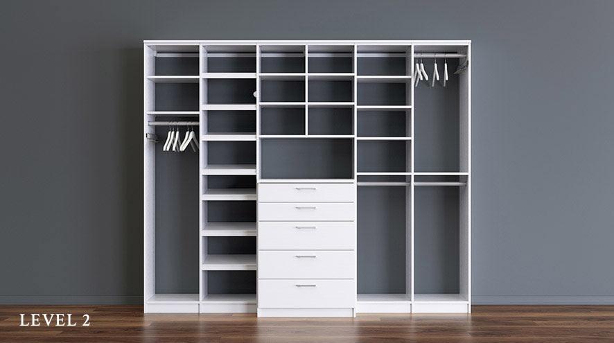 White Reach in Closet with Shelving Closet Rods and Dresser Drawers