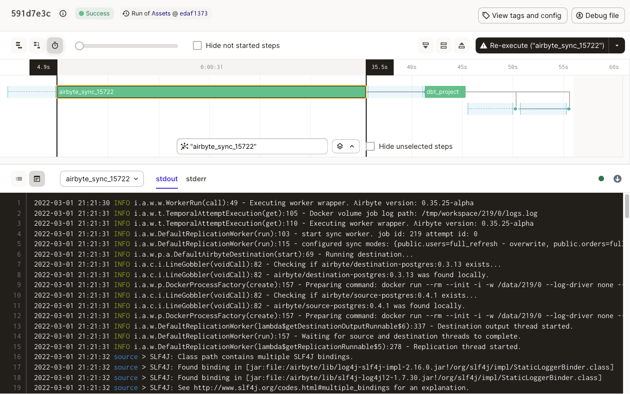 A view of a run of an Airbyte sync, complete with the raw logs from Airbyte.