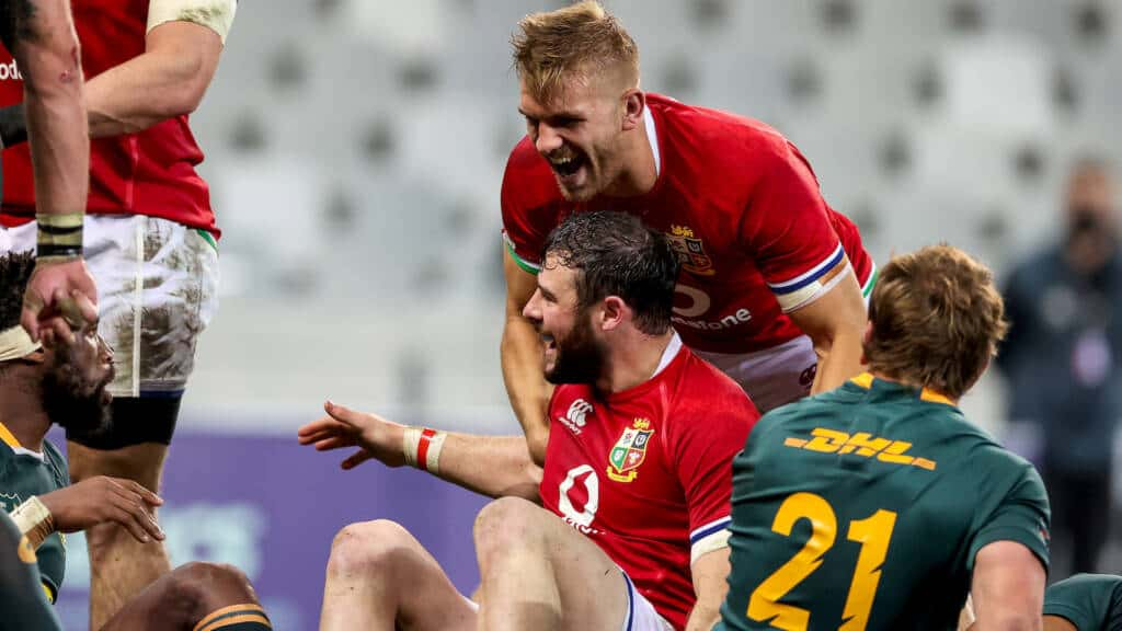 Robbie Henshaw celebrates after scoring a try with Chris Harris that was later disallowed after a review by TMO