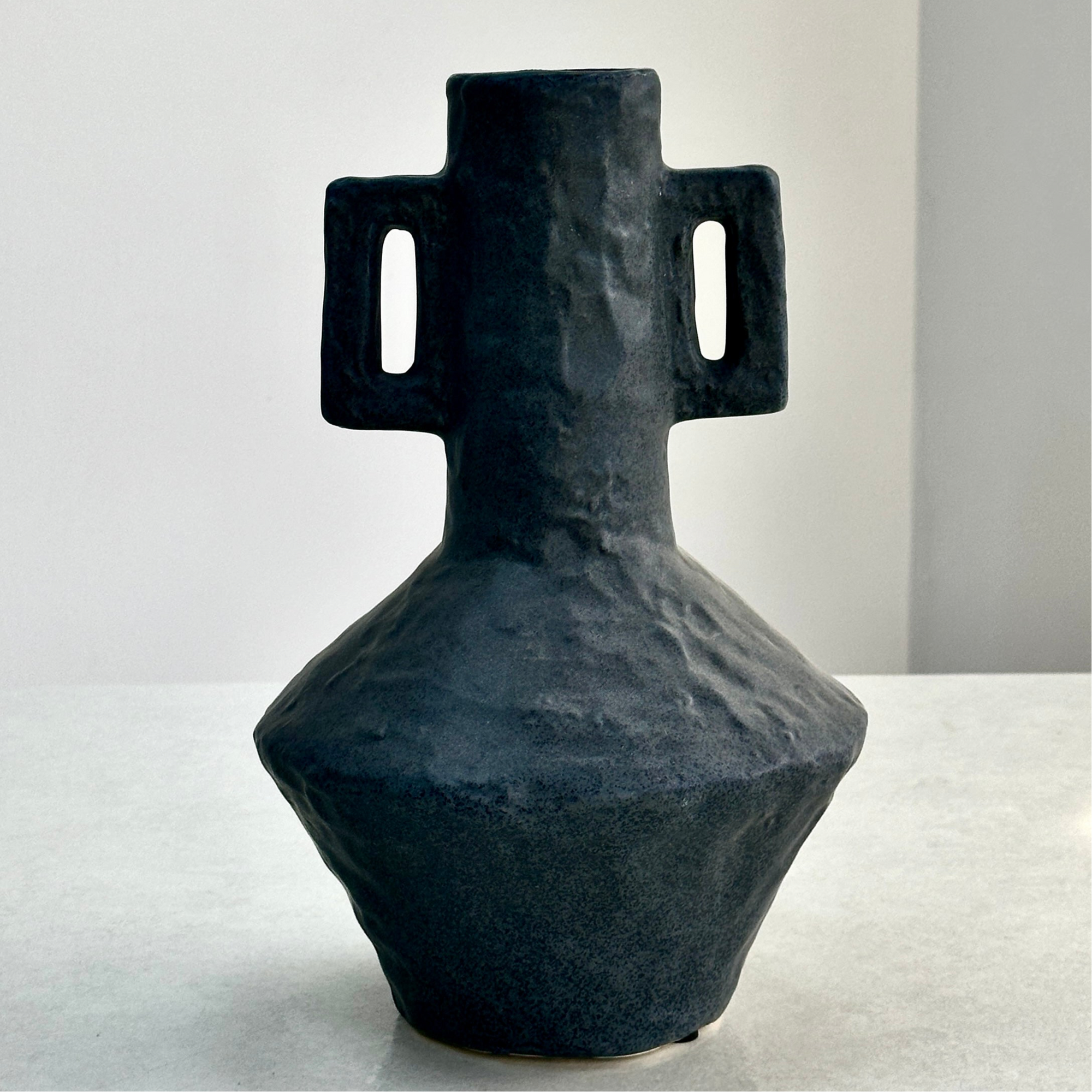 Ceramic Hammered Black Bottle Vase with Side Handles