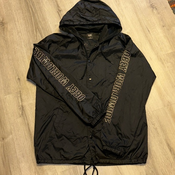 Obey | Jackets & Coats | Mens Obey Black Logo Sleeve Windbreaker Size ...