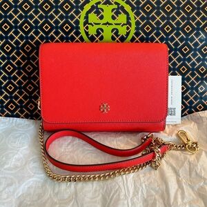 Tory Burch Emerson Chain Wallet Crossbody Bag Bright Samba Gold Red