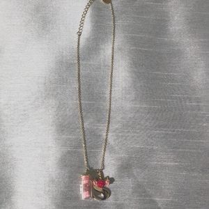 Letter 'S' and Bottled Charm Pendant Necklace. Gold/Pink