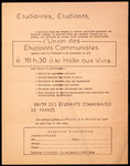 Étudiantes, étudiants, lUnion des étudiants communistes appelle tous les étudants à se rassembler ce soir à 18 h.30 à la Halle aux Vins.