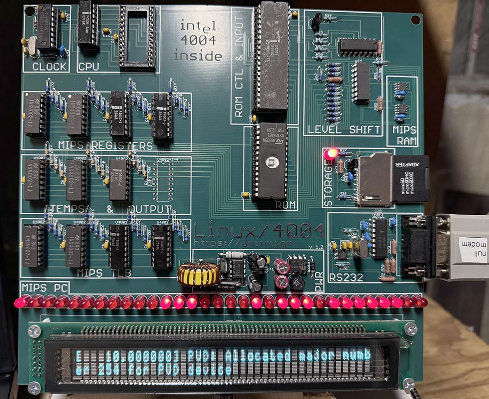 The final rev 1.2 Linux/4004 board looking beautiful, showing Linux kernel boot progress approx 10 virtual seconds into the boot