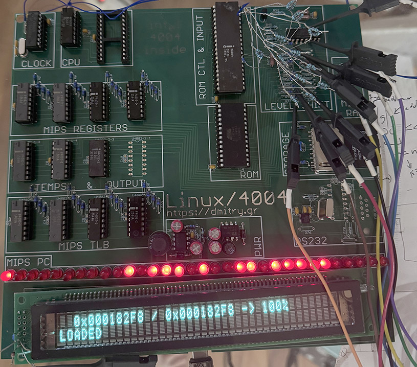 Linux/4004 board with a forest of resistors over it in the air dead-bug style