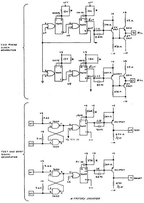 A very complicated schematic showing intel's suggested clock generator for the 4004