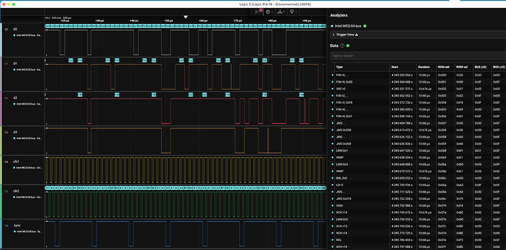 Saleae Logic Pro software showing MCS-04 bus analyzer