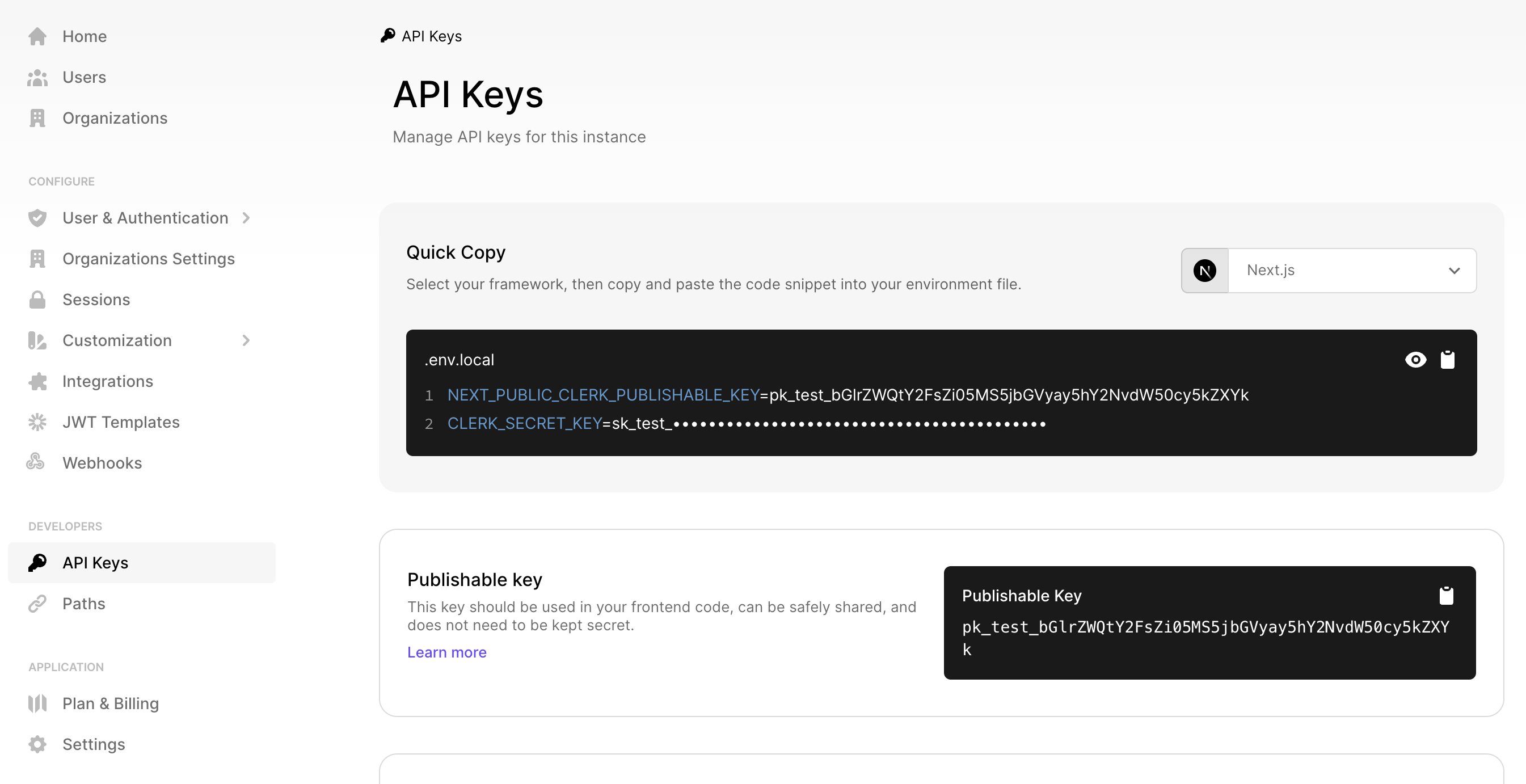 Clerk publishable key setting