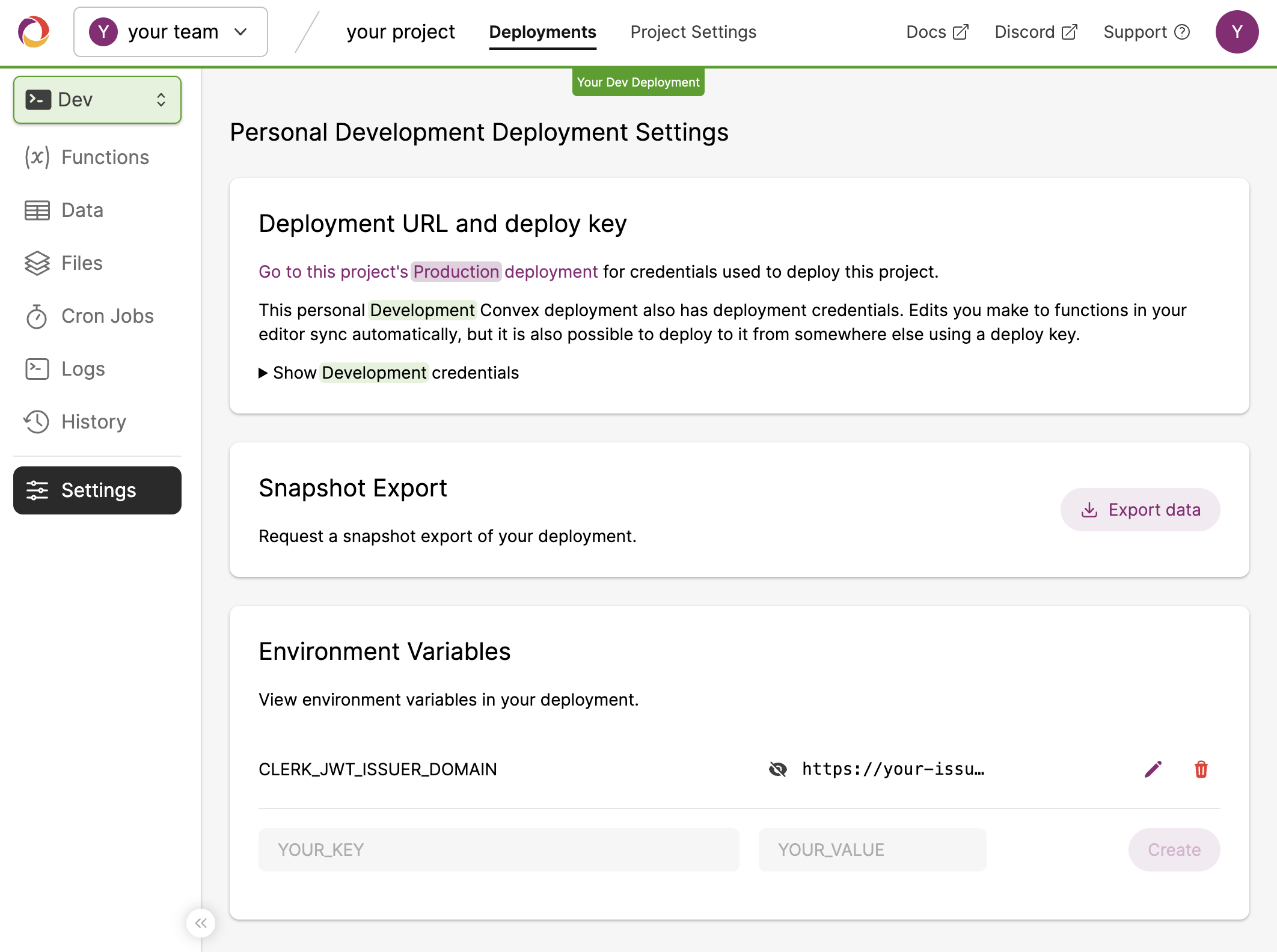 Convex dashboard dev deployment settings