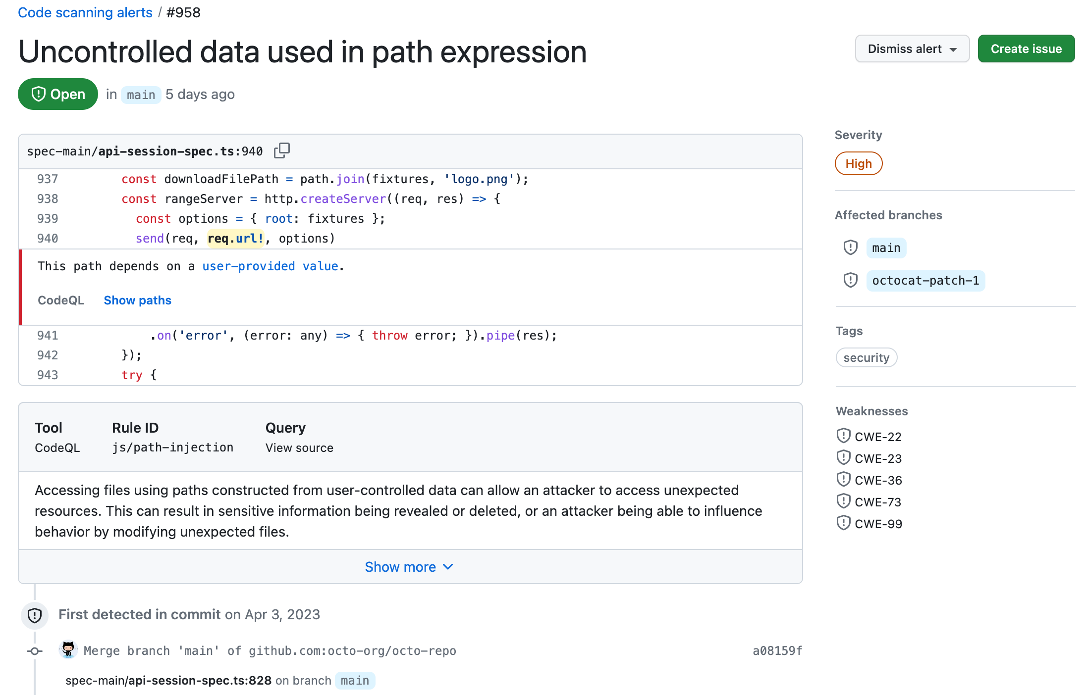 code scanning アラートの要素を示すスクリーンショット。左側にはアラートのタイトルと関連するコード行が表示され、右側には重大度レベル、影響を受けるブランチ、脆弱性が表示されています。 