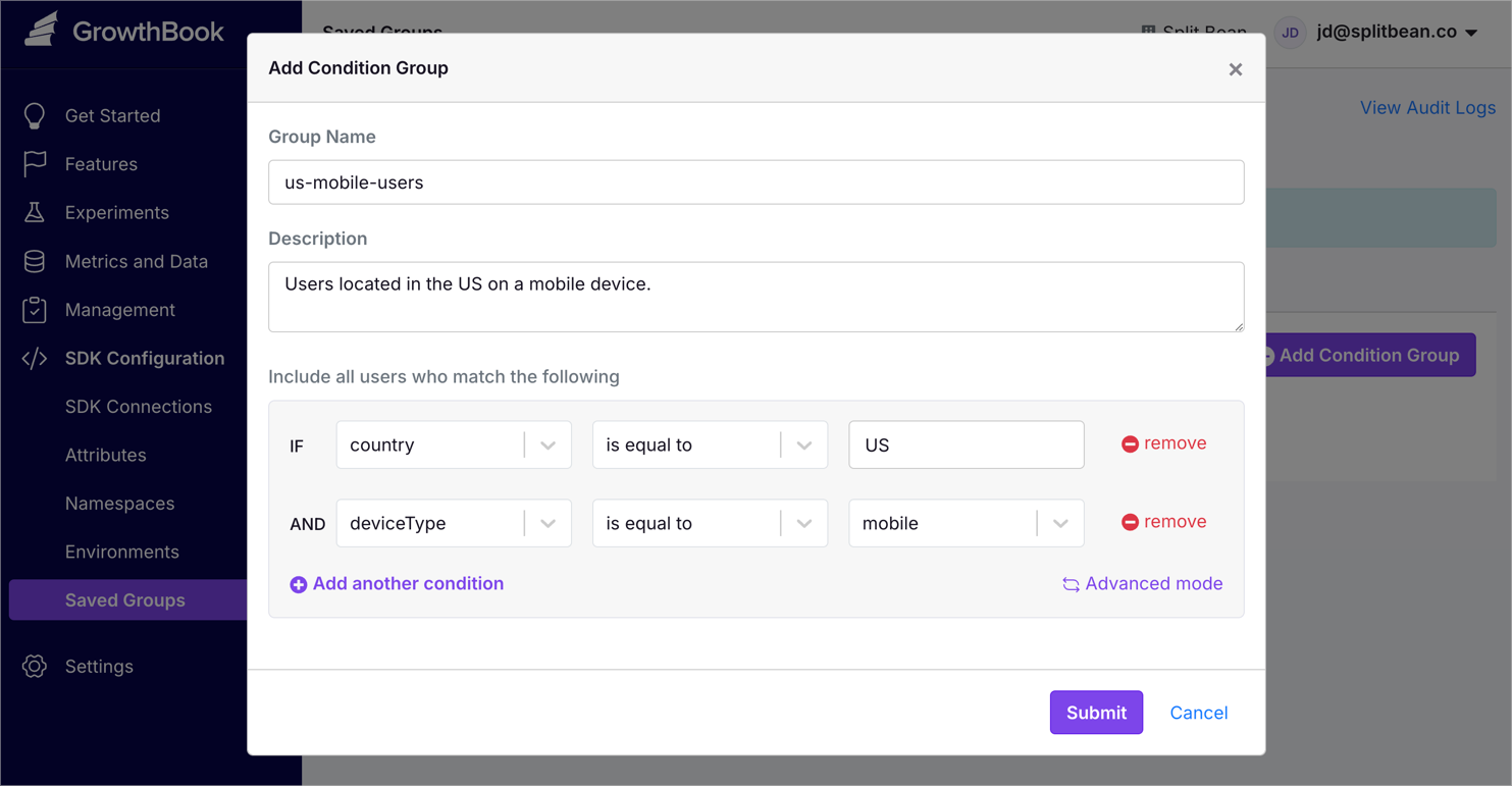 Saved groups condition, showing how to add a US user on a mobile device