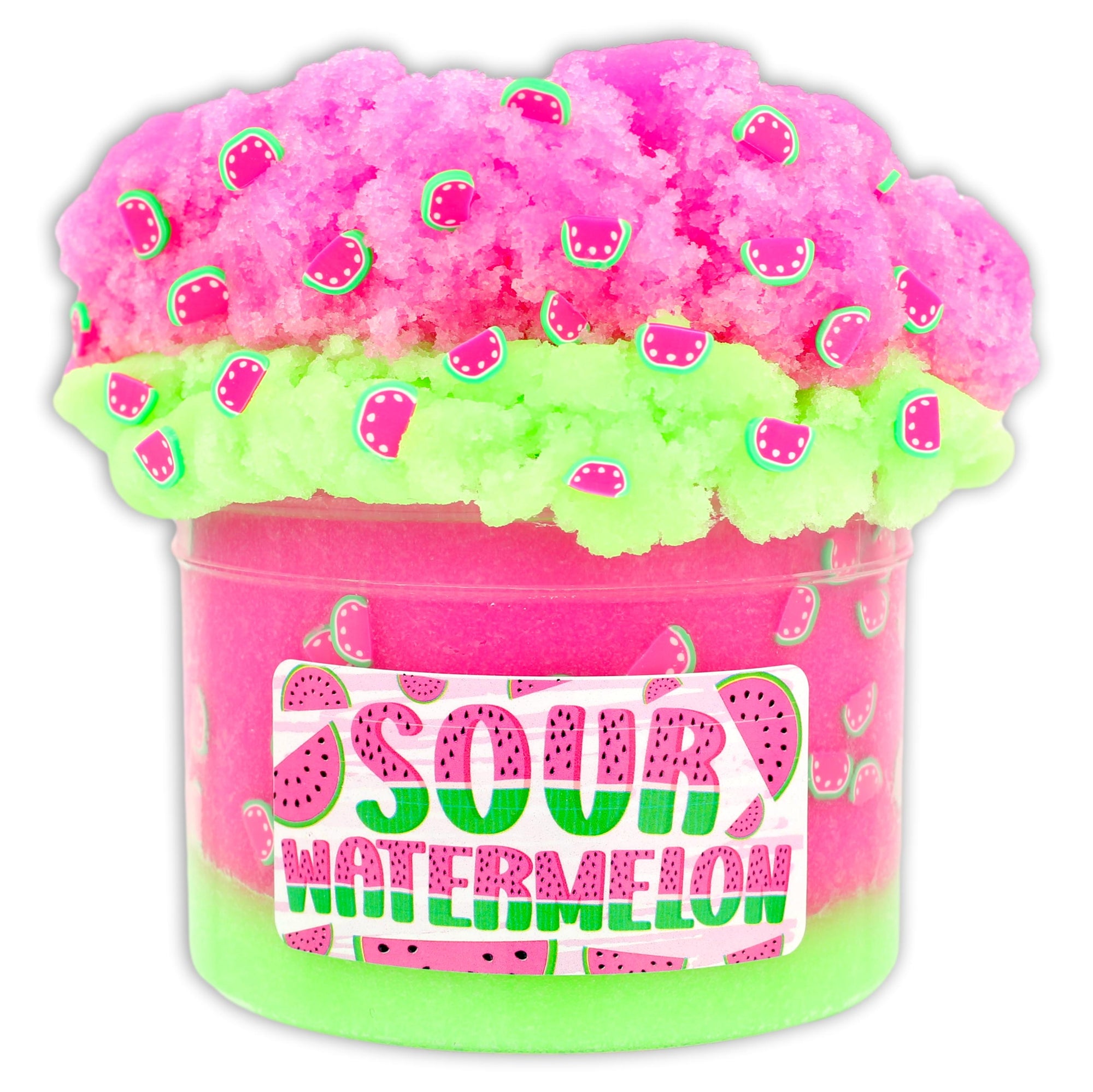 Put a pucker in your playtime with our Sour Watermelon slime! With duo colored icee and a soft, fluffy, wet texture, this fruity treat is sure to leave you feelin' refreshed! Topped off with cute watermelon fimos, each squeeze gives off a scent of freshly cut watermelon. Yum!