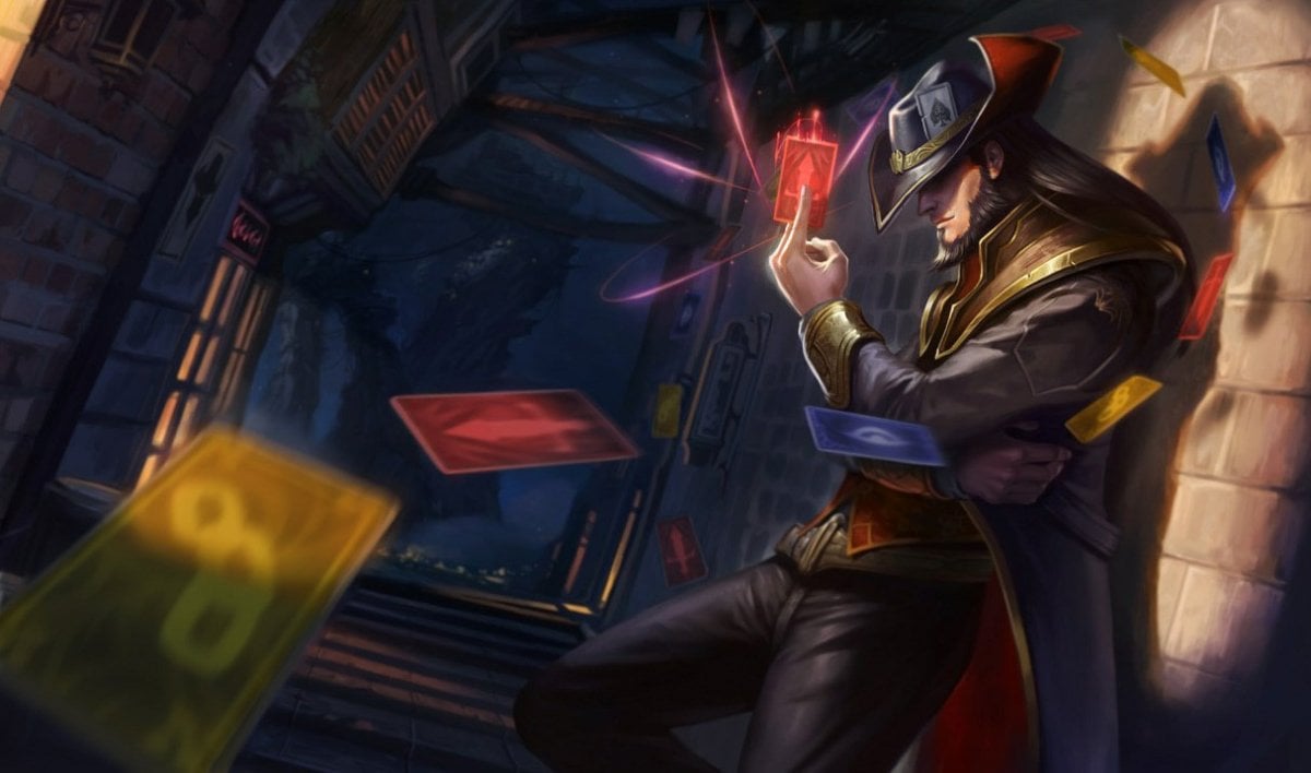 Twisted Fate holding a red card