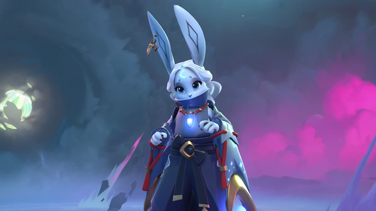 An anthropomorphic rabbit wearing an oversized robe with a radiating gem around her neck in SUPERVIVE.